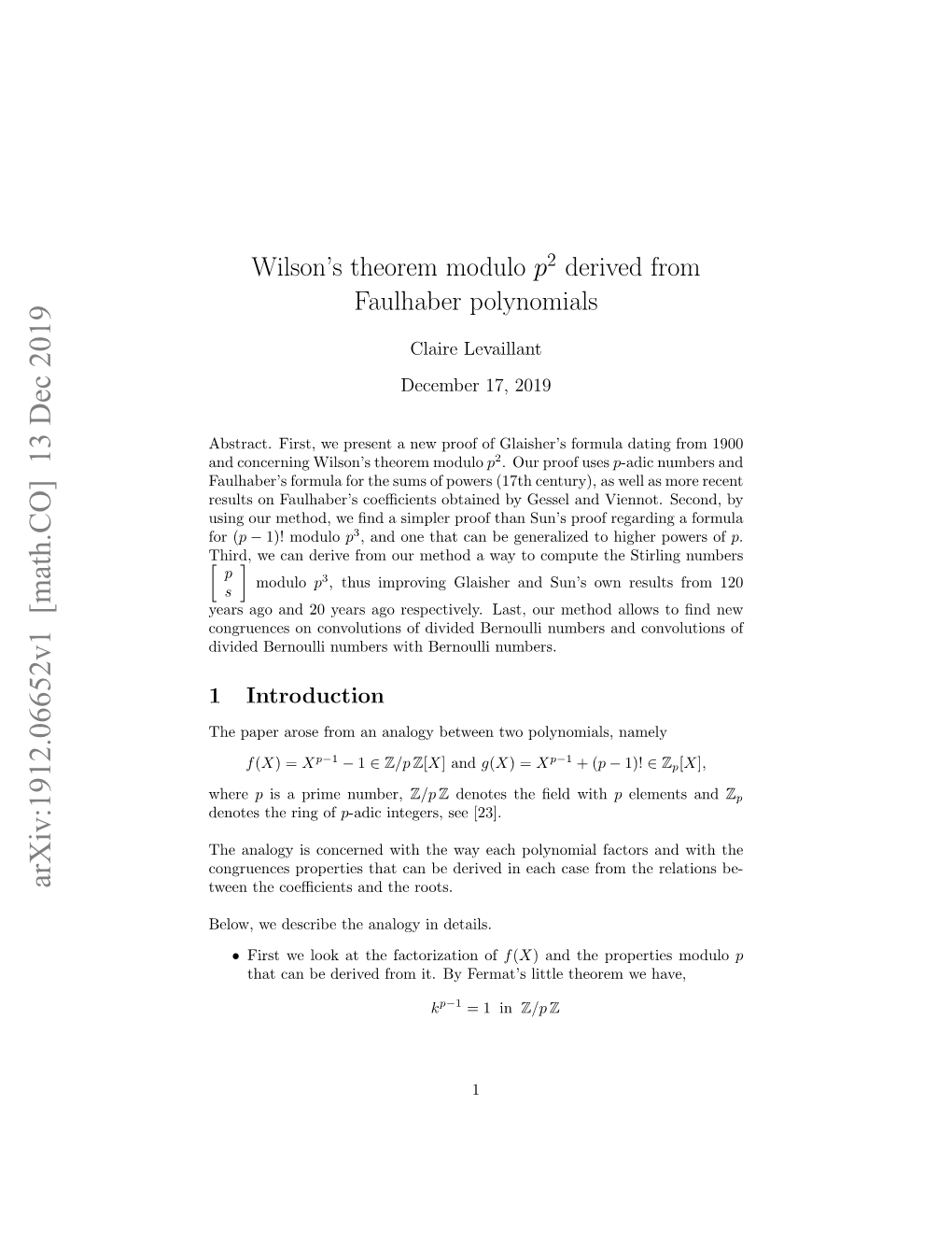 Wilson's Theorem Modulo P^ 2 Derived from Faulhaber Polynomials