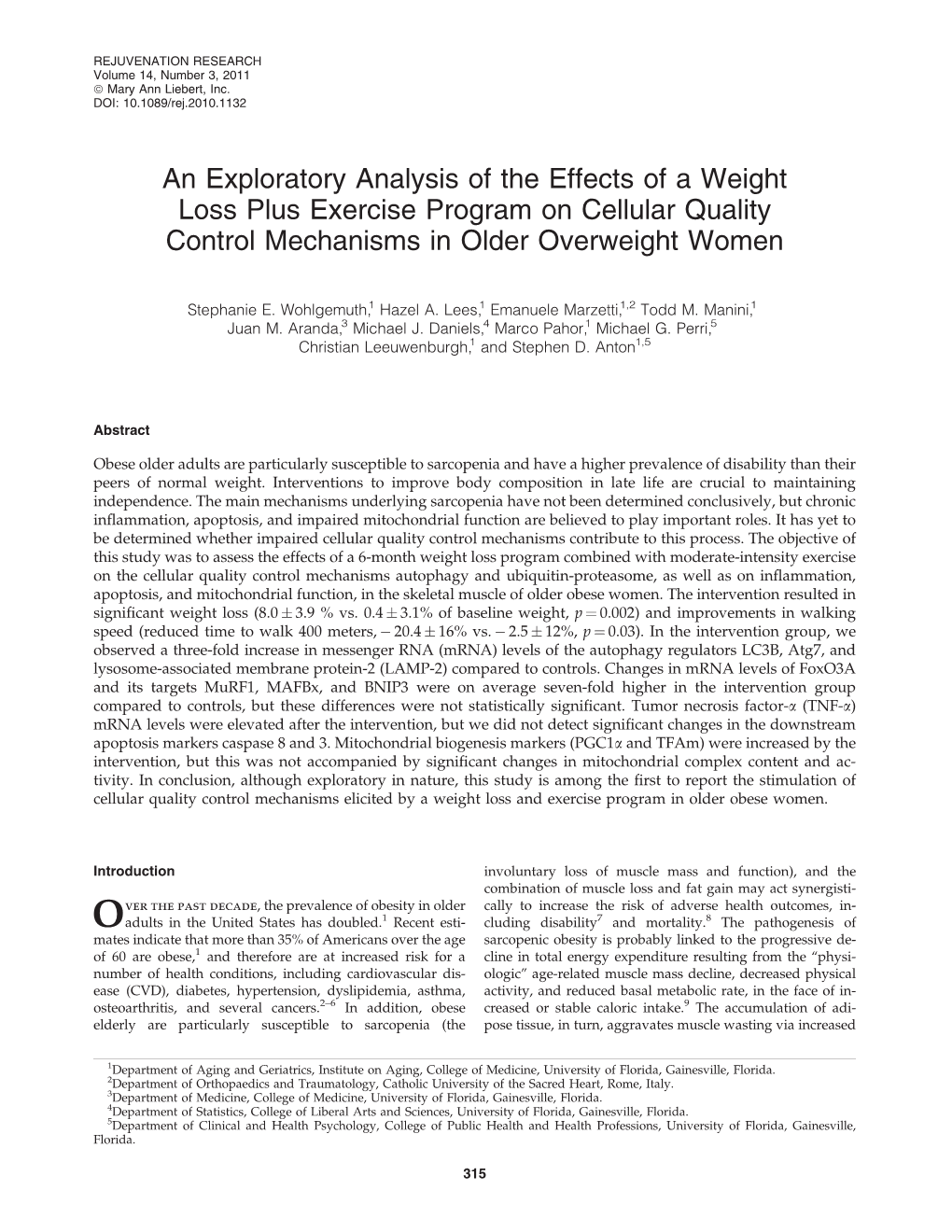 An Exploratory Analysis of the Effects of a Weight Loss Plus Exercise Program on Cellular Quality Control Mechanisms in Older Overweight Women