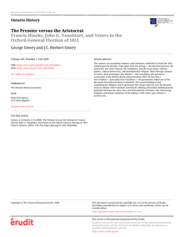 Francis Hincks, John G. Vansittart, and Voters in the Oxford-General Election of 1851 George Emery and J.C