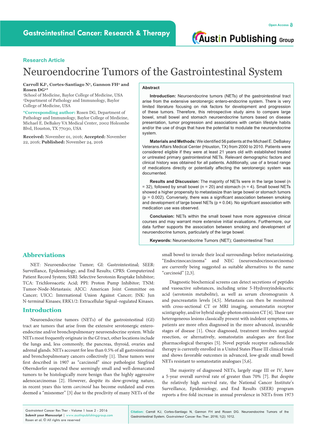 Neuroendocrine Tumors of the Gastrointestinal System