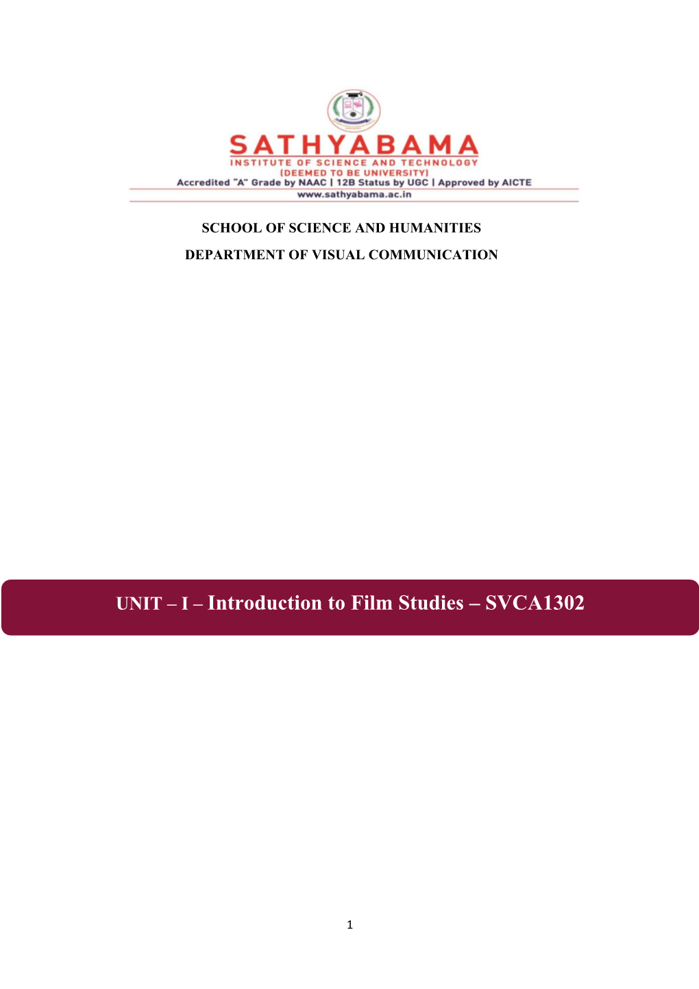 I – Introduction to Film Studies – SVCA1302