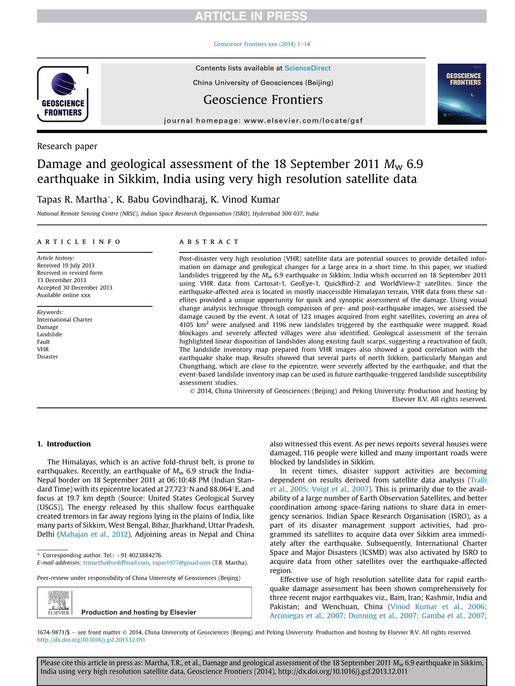 Damage and Geological Assessment of the 18 September 2011 Mw 6.9 Earthquake in Sikkim, India Using Very High Resolution Satellite Data