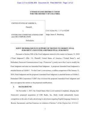 Joint Memorandum in Support of Motion to Modify Final Judgment and Enter Amended Final Judgment: U.S. V. Entercom Communications