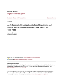 An Archaeological Investigation Into Social Organization and Political Reform in the Reserve Area of New Mexico, A.D