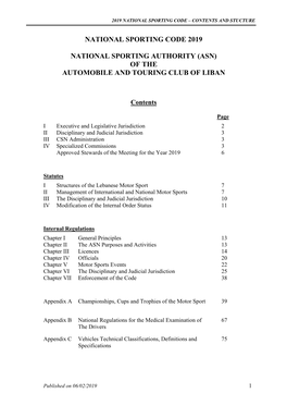 National Sporting Code 2019 National Sporting Authority (Asn) of the Automobile and Touring Club of Liban
