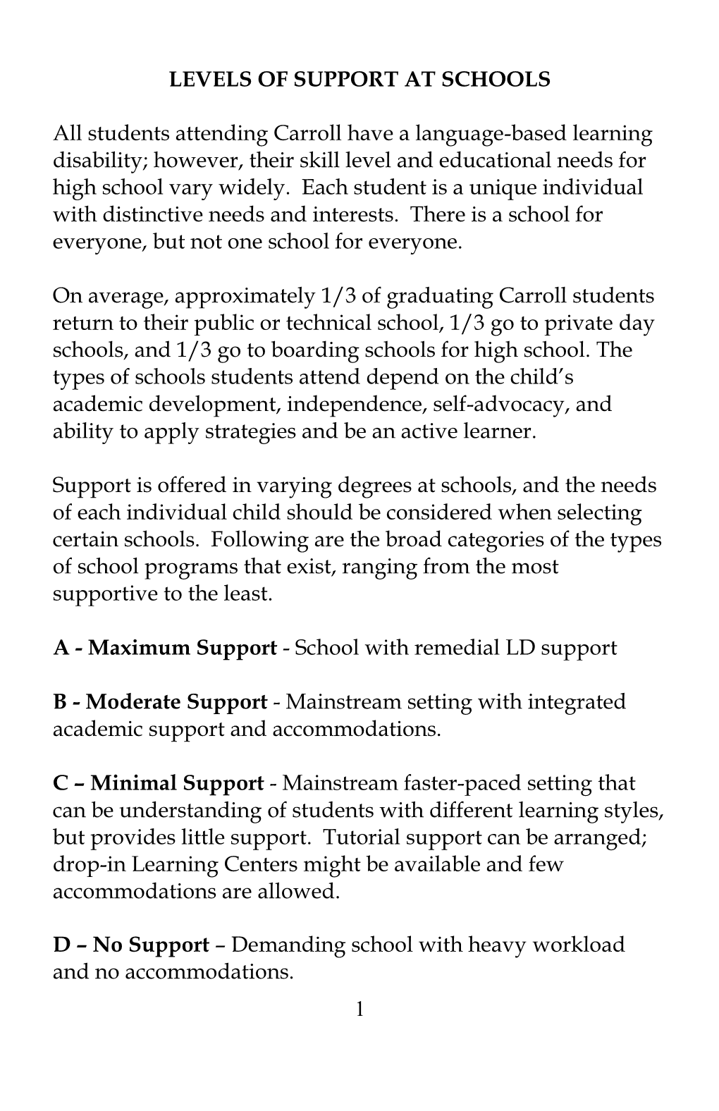 1 LEVELS of SUPPORT at SCHOOLS All Students Attending Carroll Have a Language-Based Learning Disability; However, Their Skill Le