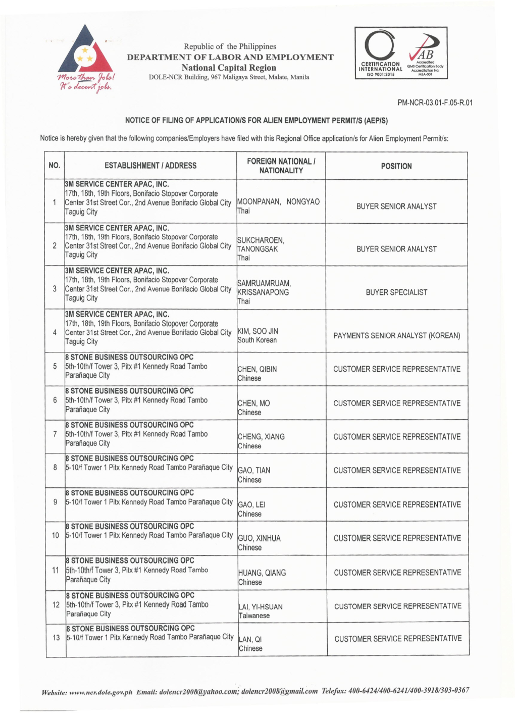 National Capital Region INTERNATIONAL Accreej,O'oono: ISO 9001 :2015 MSA-Ool DOLE-NCR Building, 967 Maligaya Street, Malate, Manila