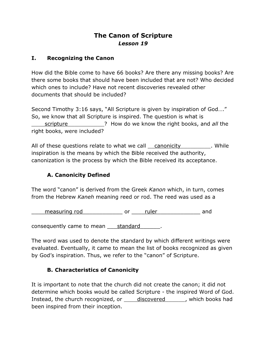 The Canon of Scripture Lesson 19