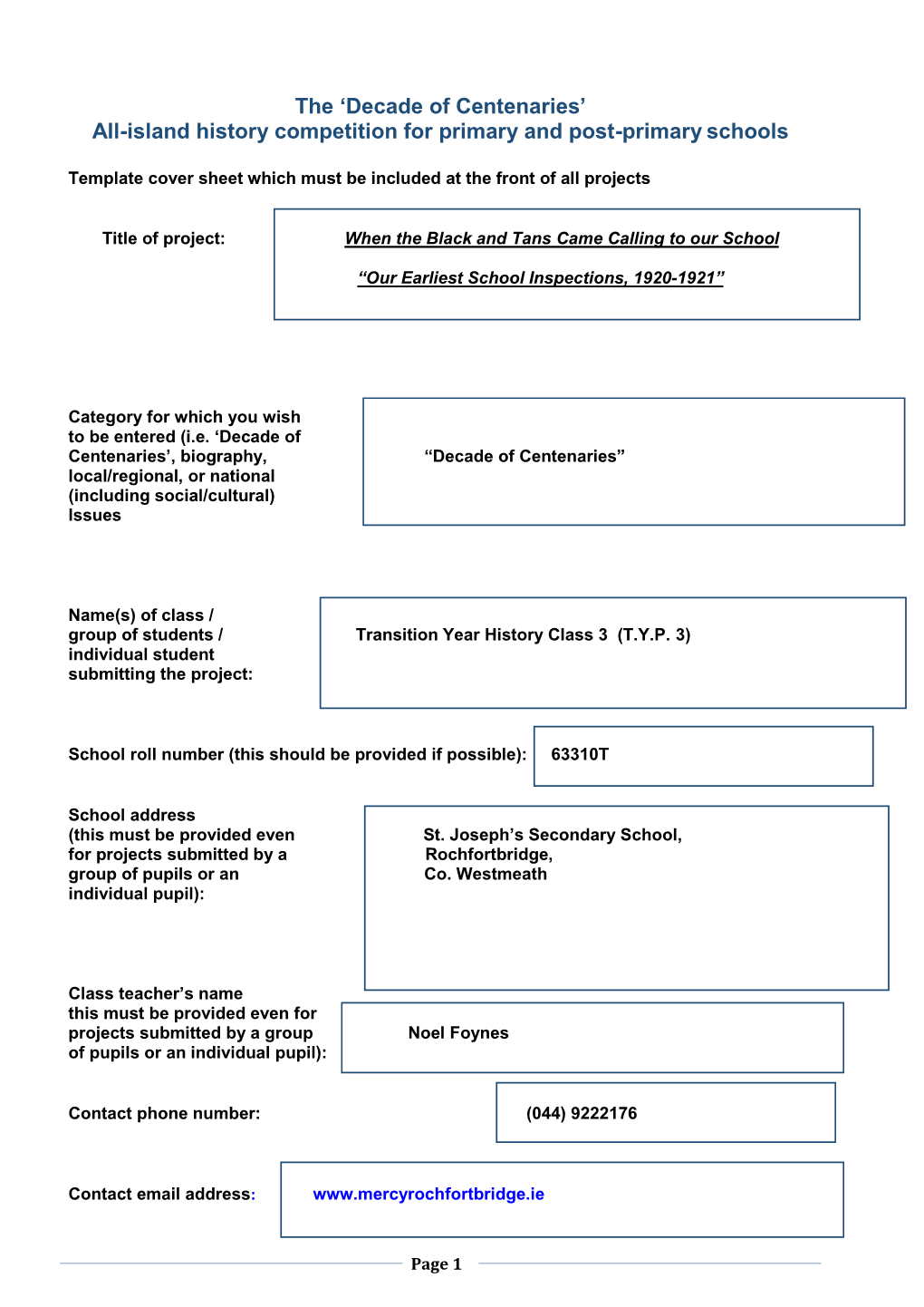 The 'Decade of Centenaries' All-Island History Competition For