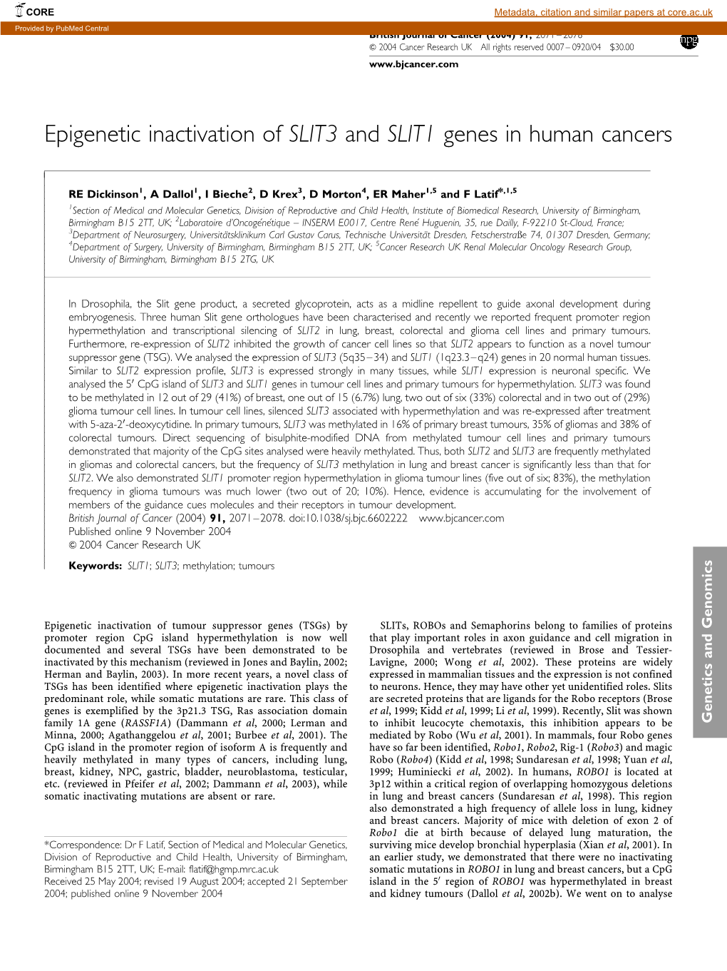 Epigenetic Inactivation of SLIT3 and SLIT1 Genes in Human Cancers