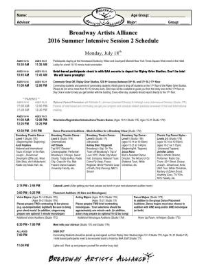 Broadway Artists Alliance 2016 Summer Intensive Session 2 Schedule