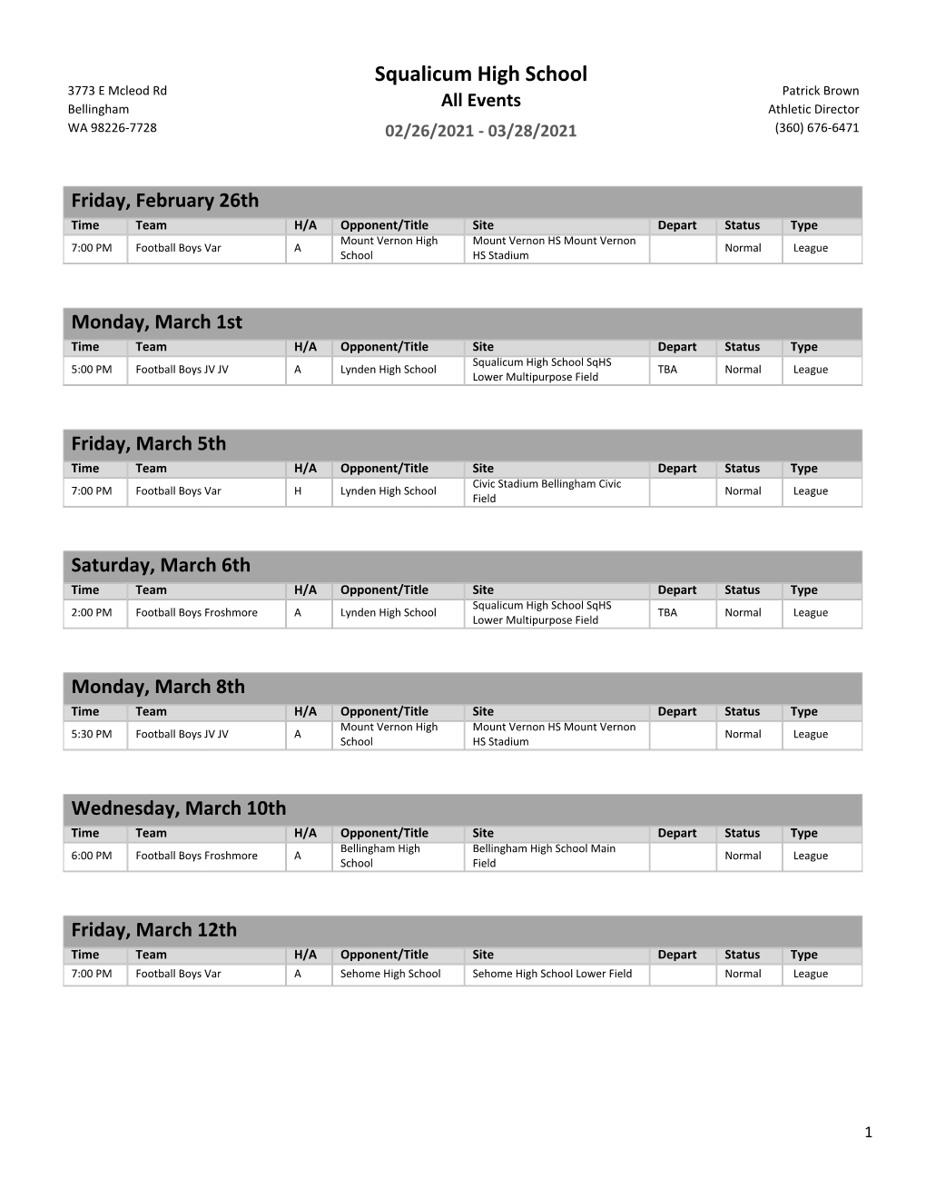 Storm Football Schedule