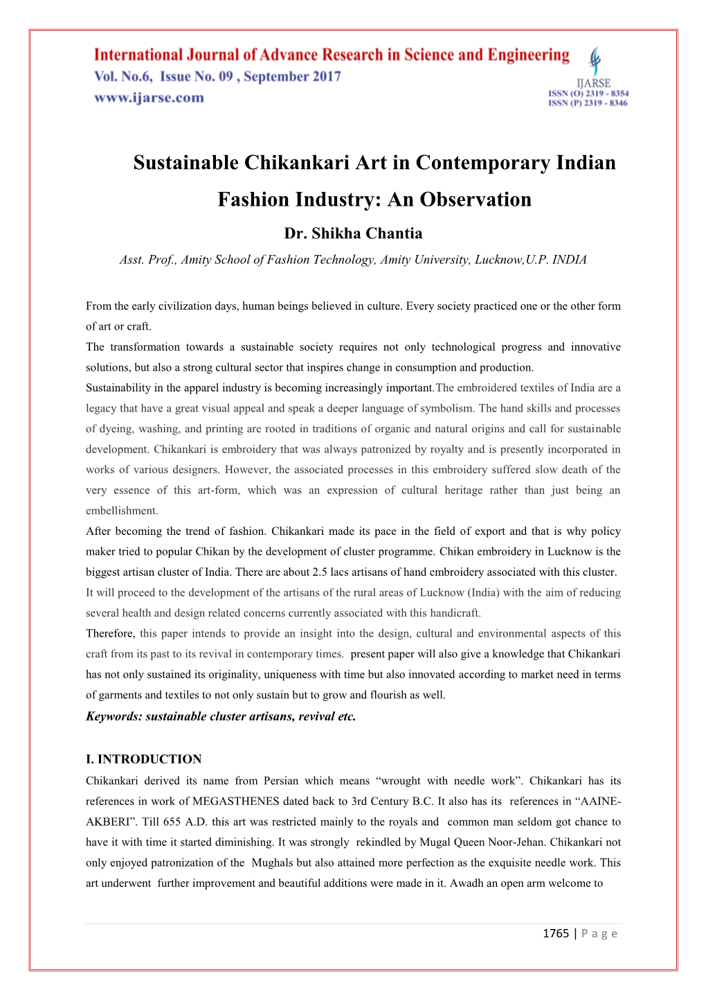 Sustainable Chikankari Art in Contemporary Indian Fashion Industry: an Observation Dr