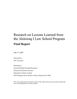 Research on Lessons Learned from the Akitsiraq I Law School Program Final Report