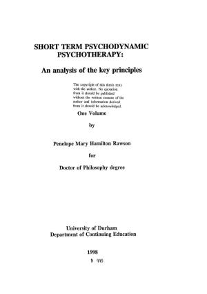 SHORT TERM PSYCHODYNAMIC PSYCHOTHERAPY: an Analysis Of