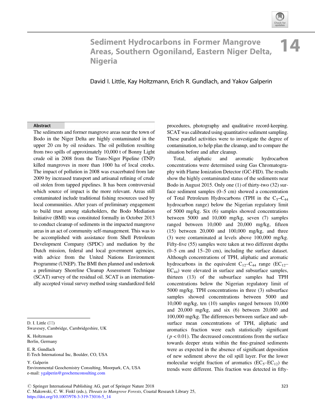 Sediment Hydrocarbons in Former Mangrove Areas, Southern Ogoniland, Eastern Niger Delta, 14 Nigeria