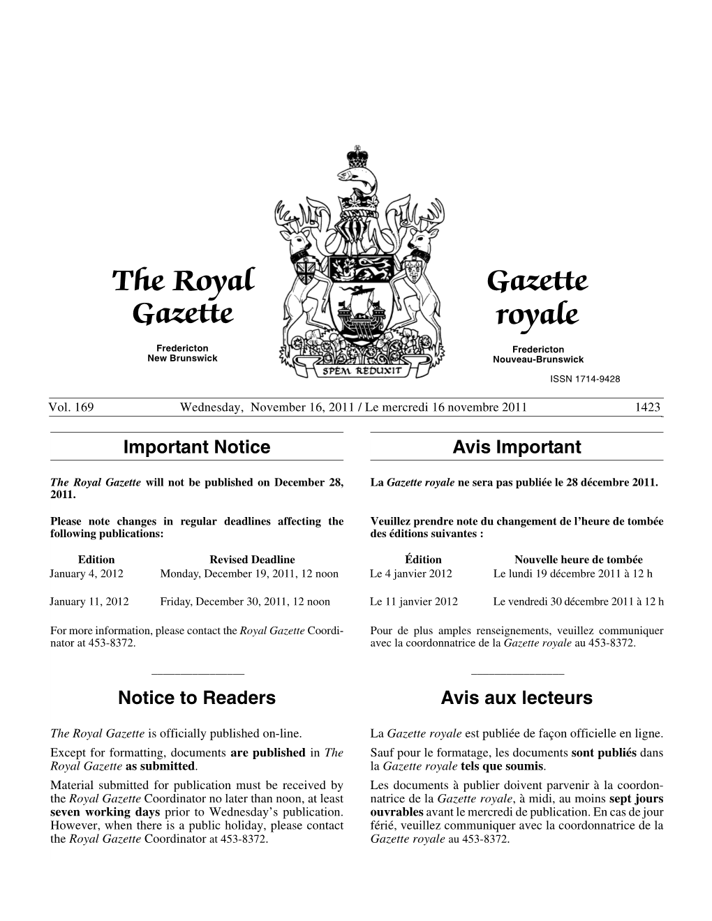 The Royal Gazette / Gazette Royale