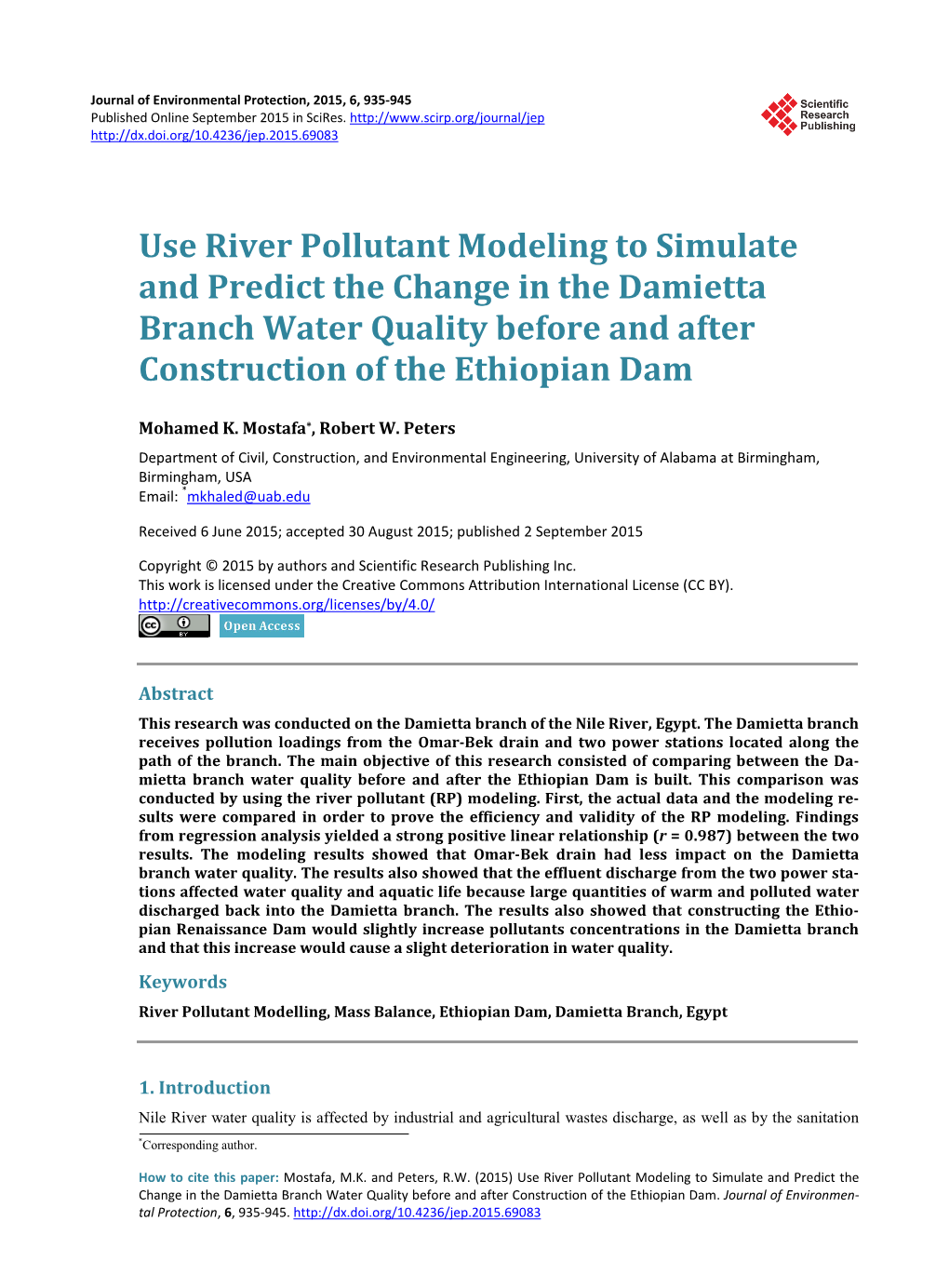 Use River Pollutant Modeling to Simulate and Predict the Change in the Damietta Branch Water Quality Before and After Construction of the Ethiopian Dam