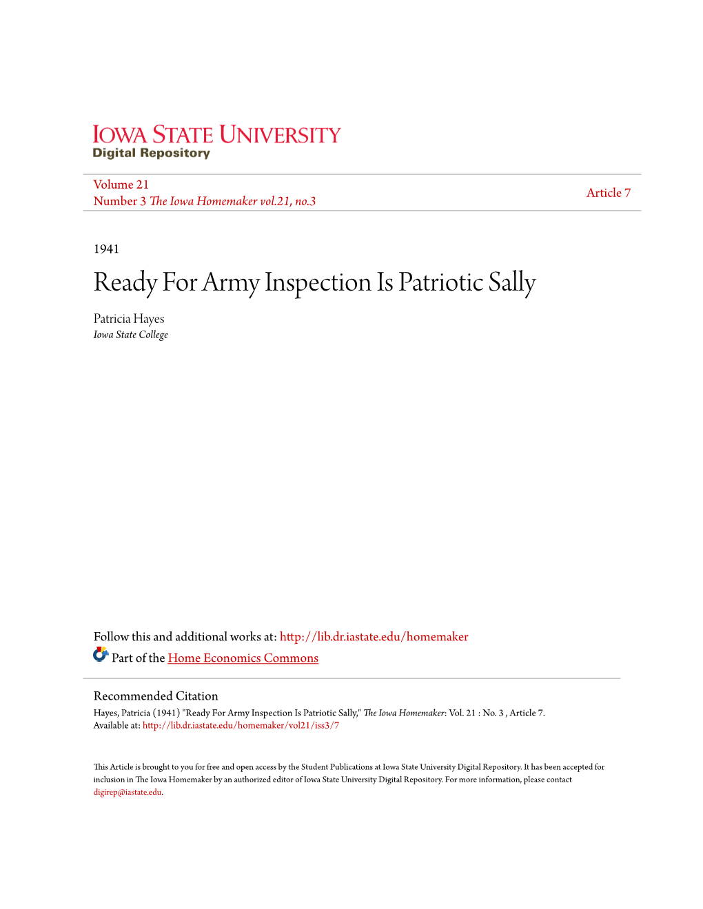 Ready for Army Inspection Is Patriotic Sally Patricia Hayes Iowa State College