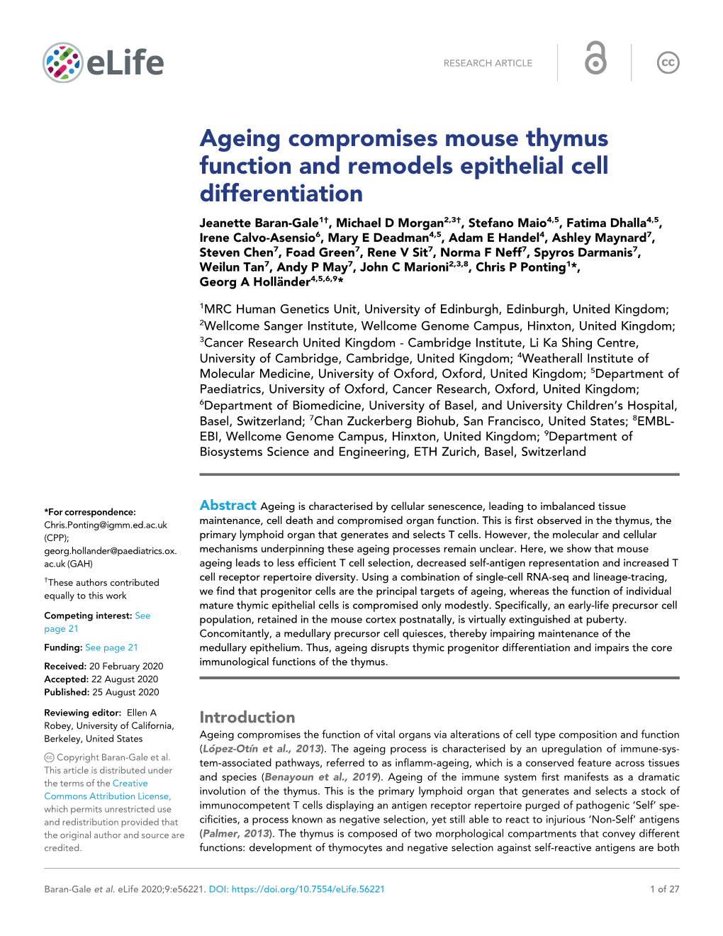 Ageing Compromises Mouse Thymus Function and Remodels Epithelial