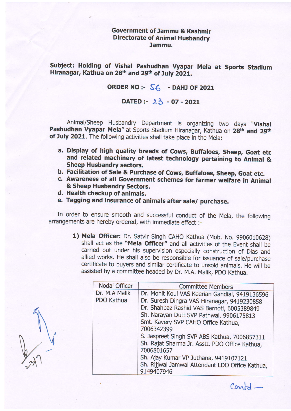 Subject: Holding of Vishal Pashudhan Vyapar Mela at Spofts Stadium Hiranagar, Kathua on 28Th and 29S of July 2021