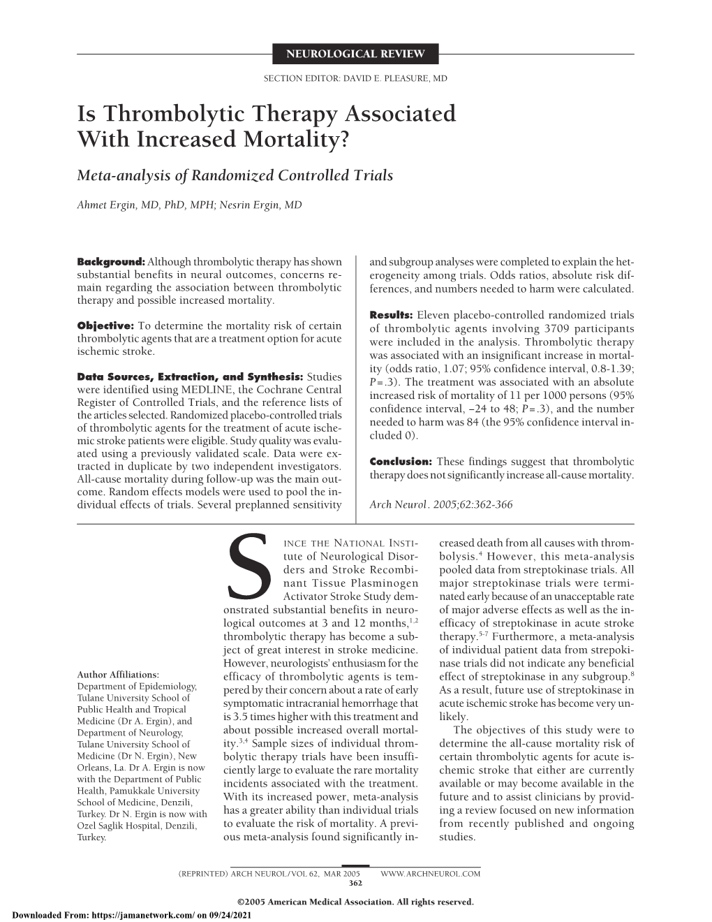 Is Thrombolytic Therapy Associated with Increased Mortality? Meta-Analysis of Randomized Controlled Trials