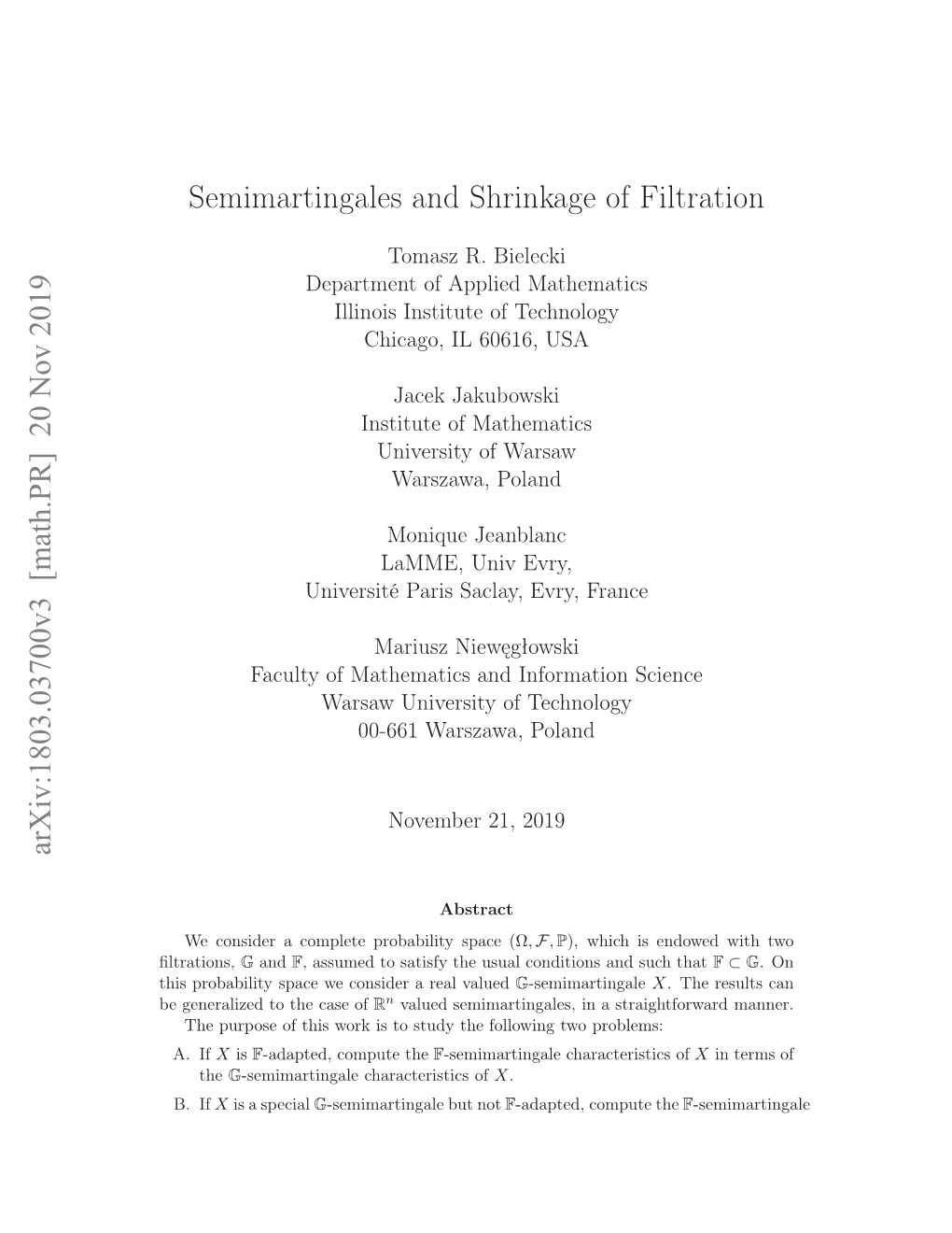 Semimartingales and Shrinkage of Filtration