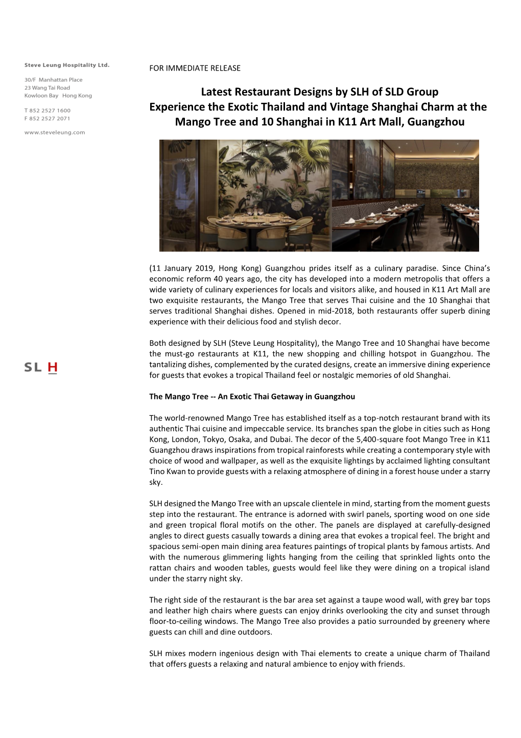 Latest Restaurant Designs by SLH of SLD Group Experience the Exotic Thailand and Vintage Shanghai Charm at the Mango Tree and 10 Shanghai in K11 Art Mall, Guangzhou