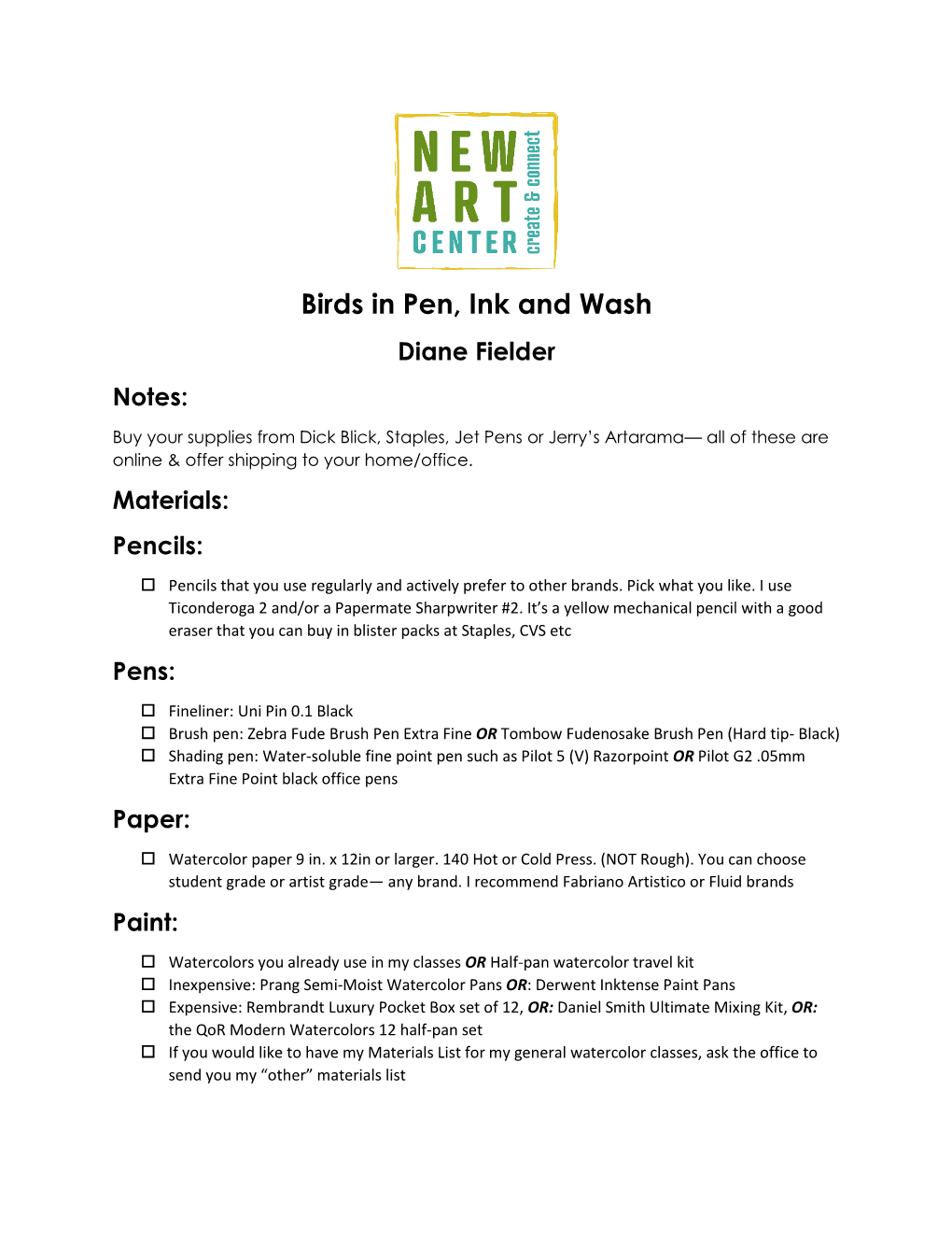 Birds in Pen, Ink and Wash Diane Fielder Notes