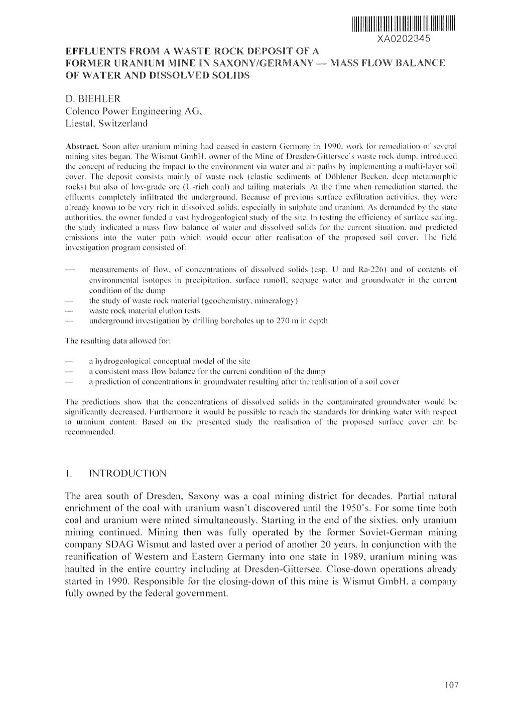 Xa0202345 Effluents from a Waste Rock Deposit of a Former Uranium Mine Sn Saxony/Germany — Mass Flow Balance of Water and Dissolved Solids