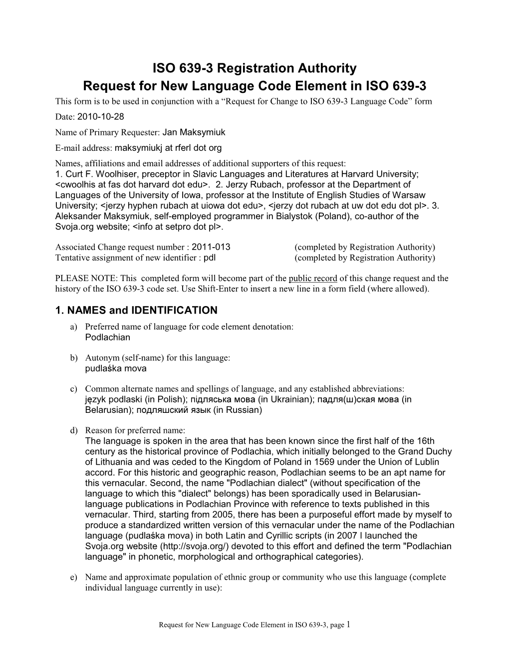 ISO 639-3 Registration Authority Request for New Language Code