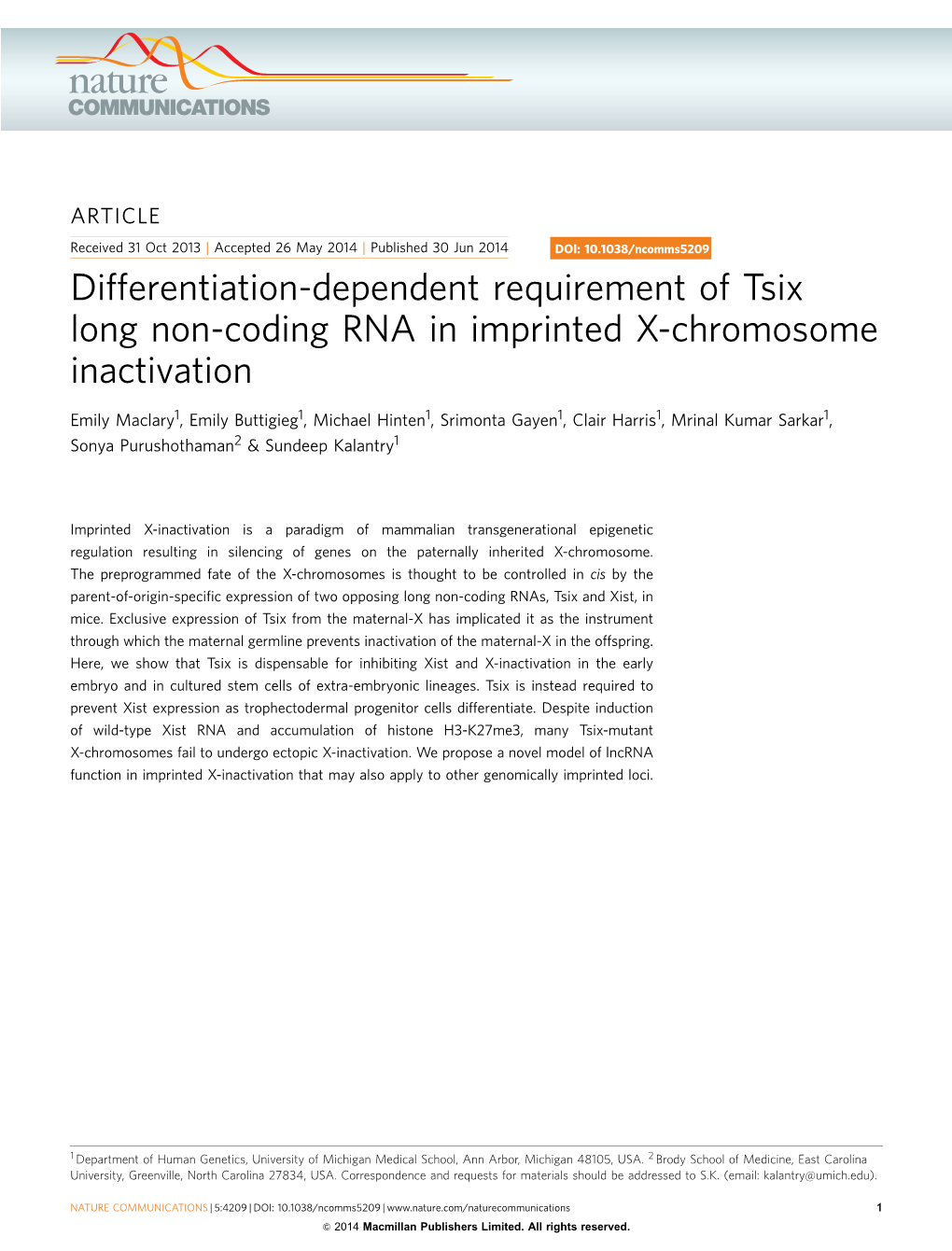Differentiation-Dependent Requirement of Tsix Long Non-Coding RNA in Imprinted X-Chromosome Inactivation