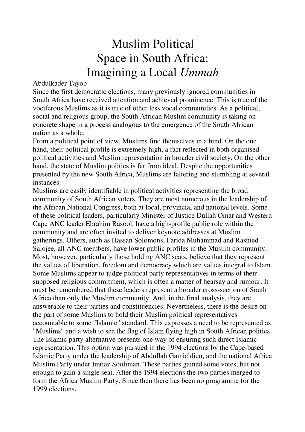 Muslim Political Space in South Africa: Imagining a Local Ummah