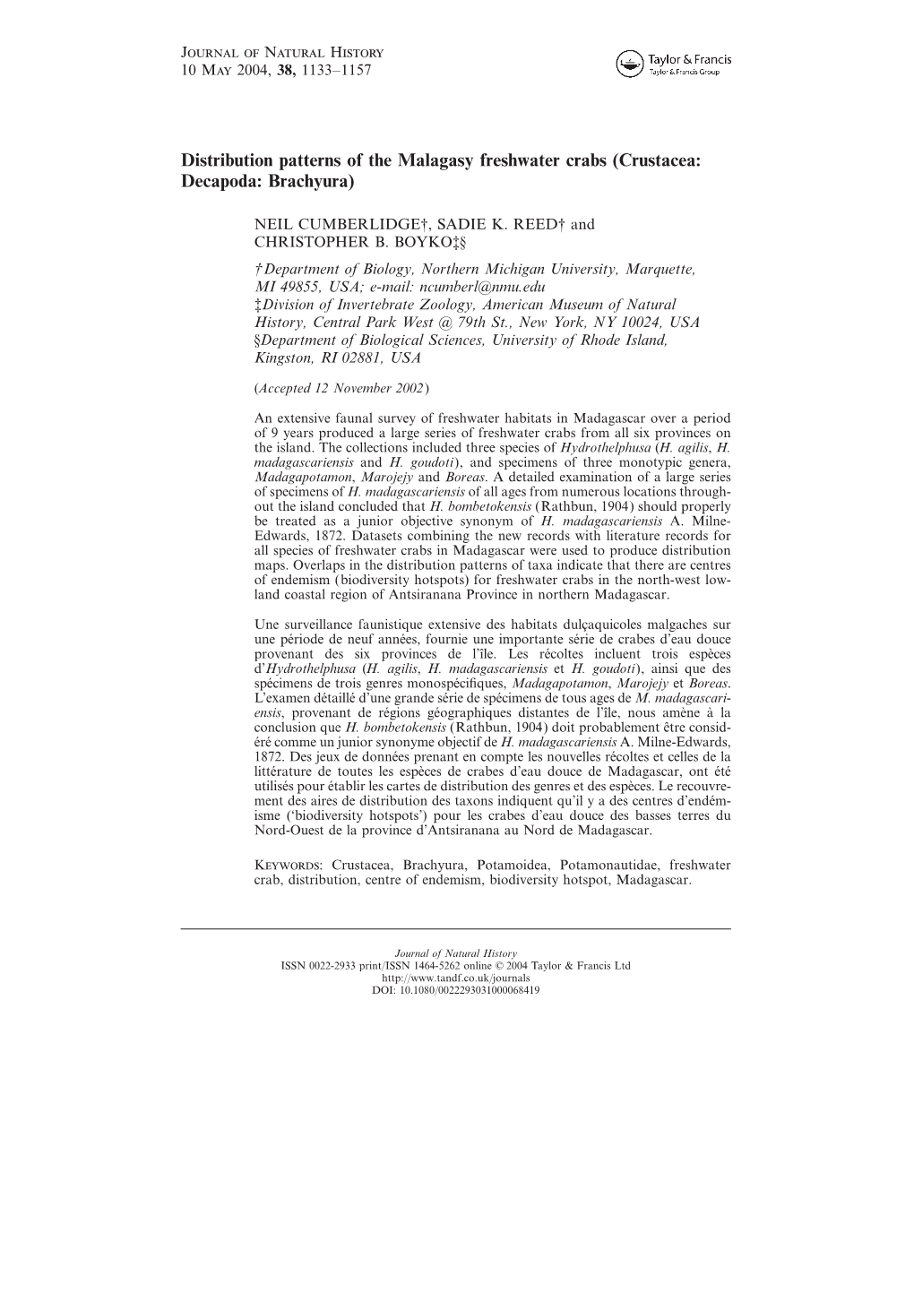 Distribution Patterns of the Malagasy Freshwater Crabs (Crustacea: Decapoda: Brachyura)