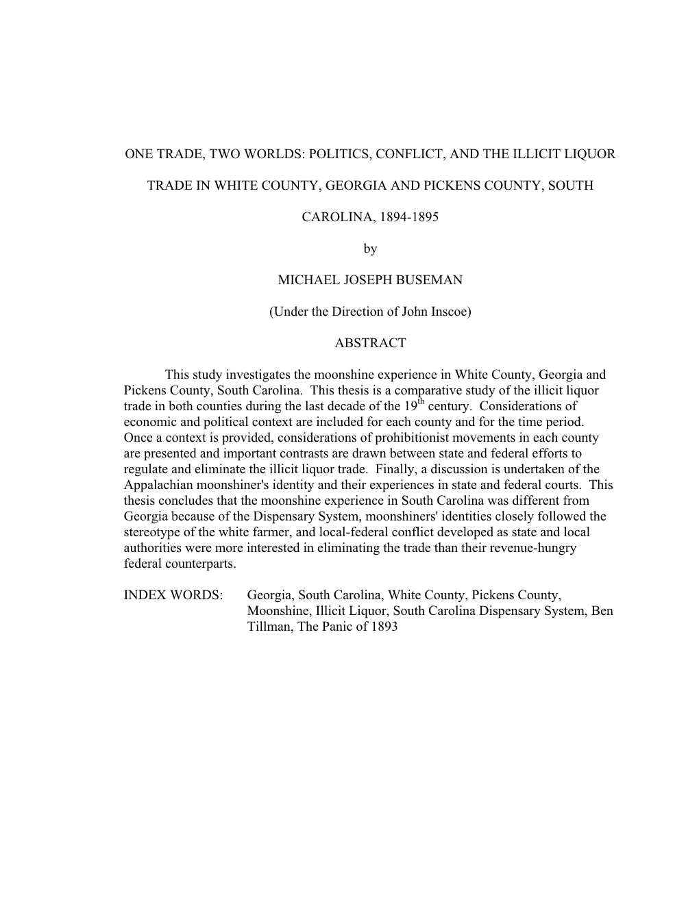 Politics, Conflict, and the Illicit Liquor Trade in White County, Georgia and Pickens County, South Carol