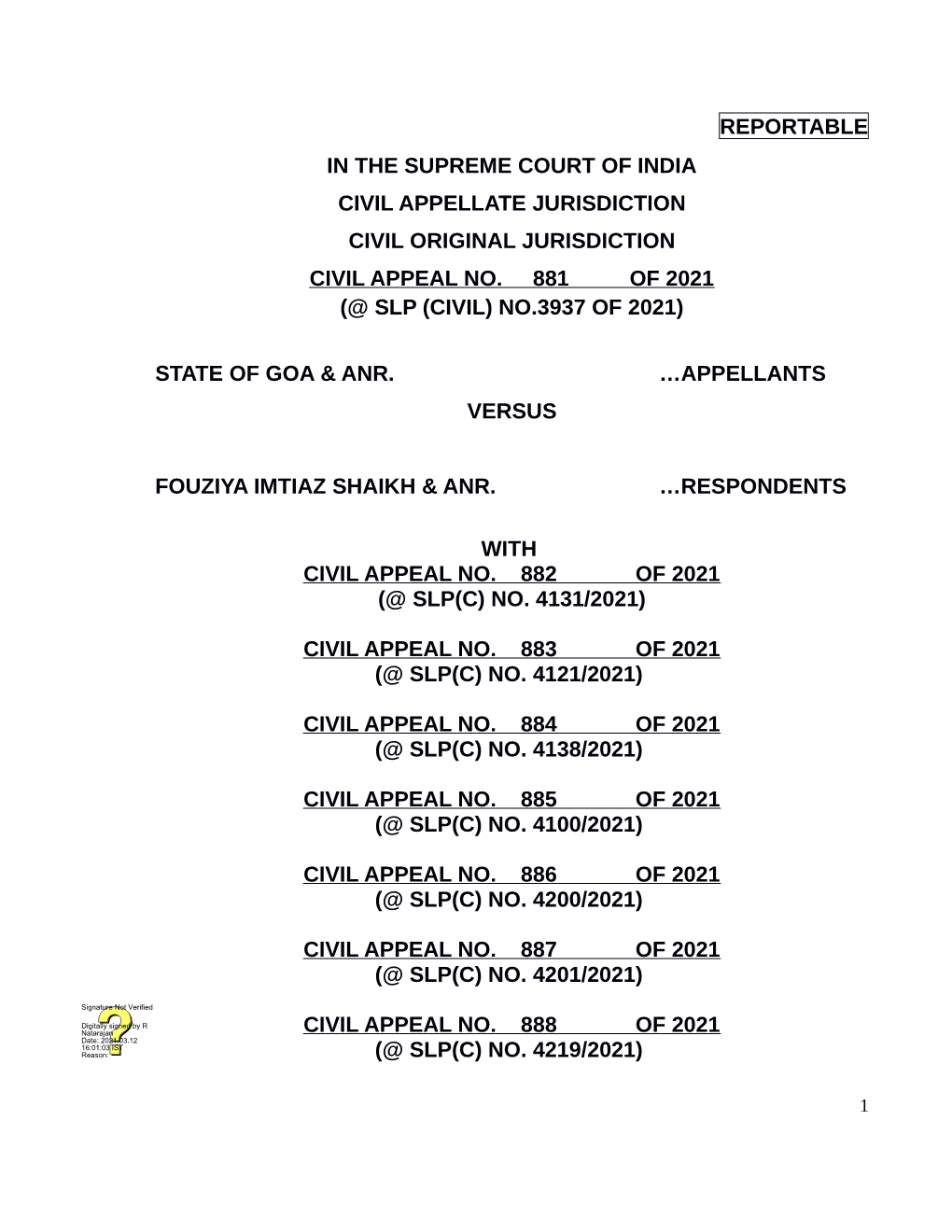 Reportable in the Supreme Court of India Civil Appellate Jurisdiction Civil Original Jurisdiction Civil Appeal No