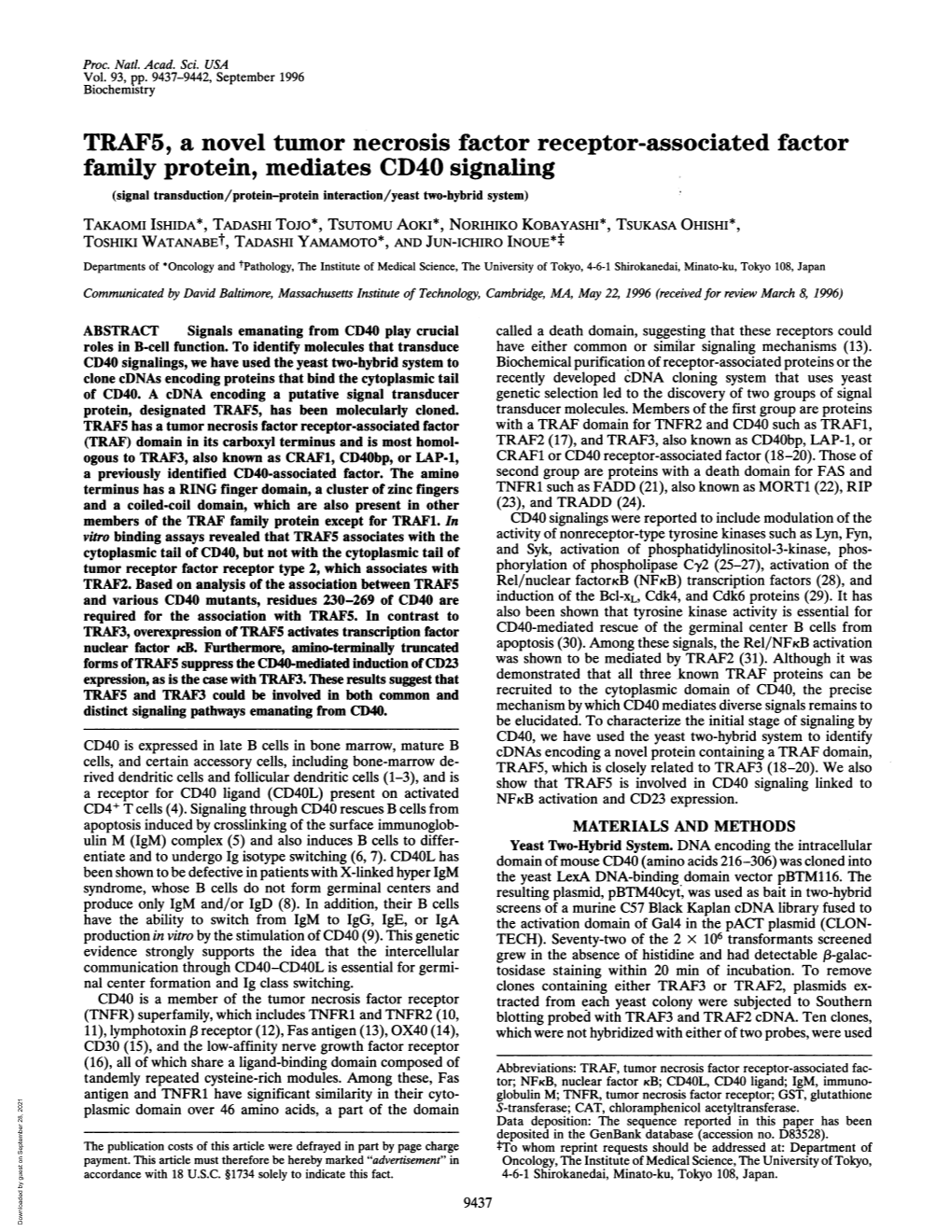 TRAF5, a Novel Tumor Necrosis Factor Receptor-Associated Factor Family