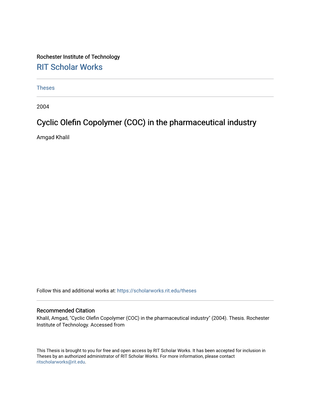 Cyclic Olefin Copolymer (COC) in the Pharmaceutical Industry