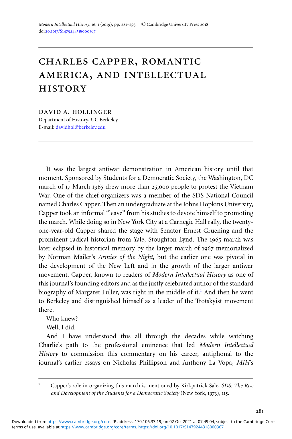 Charles Capper, Romantic America, and Intellectual History