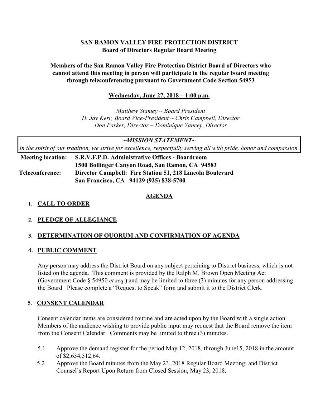 SAN RAMON VALLEY FIRE PROTECTION DISTRICT Board of Directors Regular Board Meeting