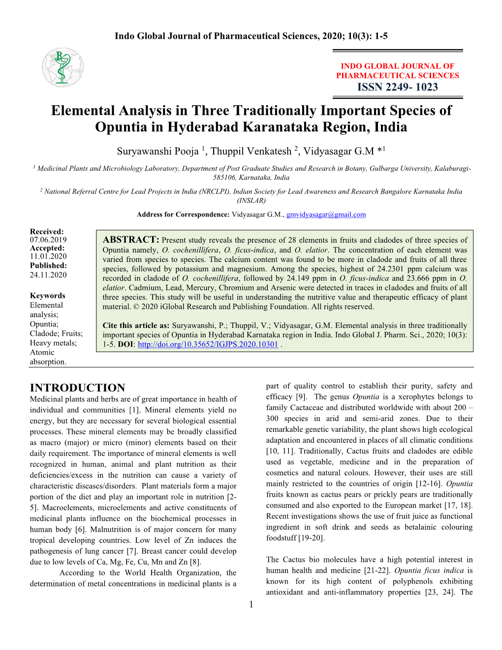 Elemental Analysis in Three Traditionally Important Species of Opuntia in Hyderabad Karanataka Region, India