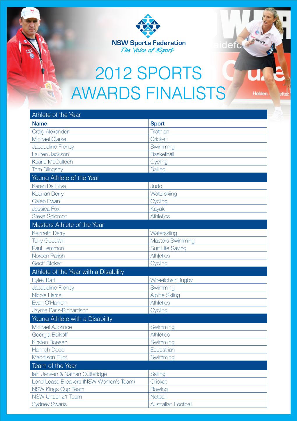 2012 Sports Awards Finalists
