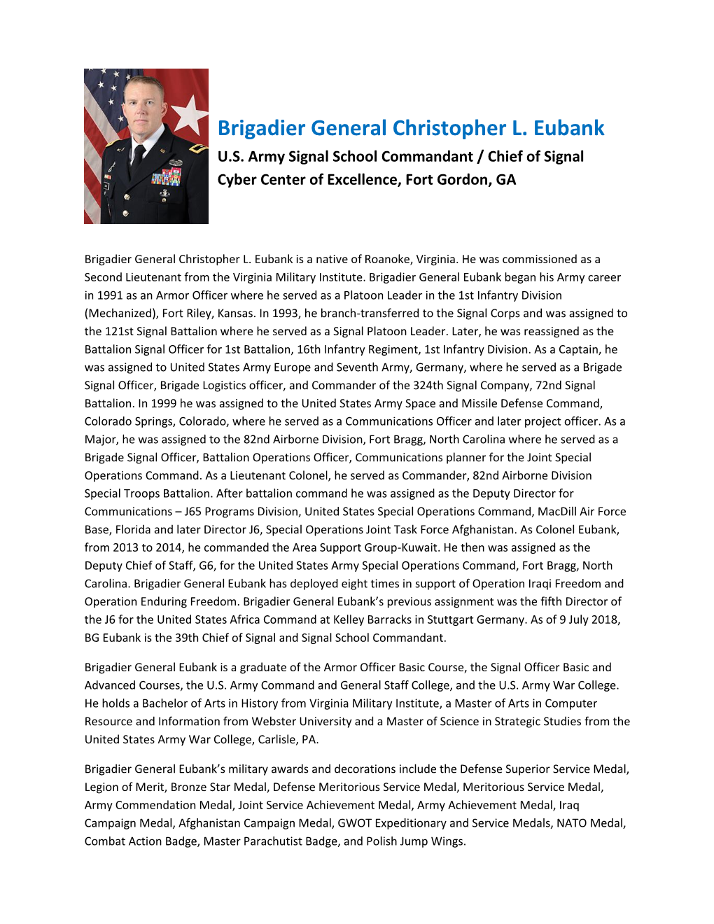 Brigadier General Christopher L. Eubank U.S