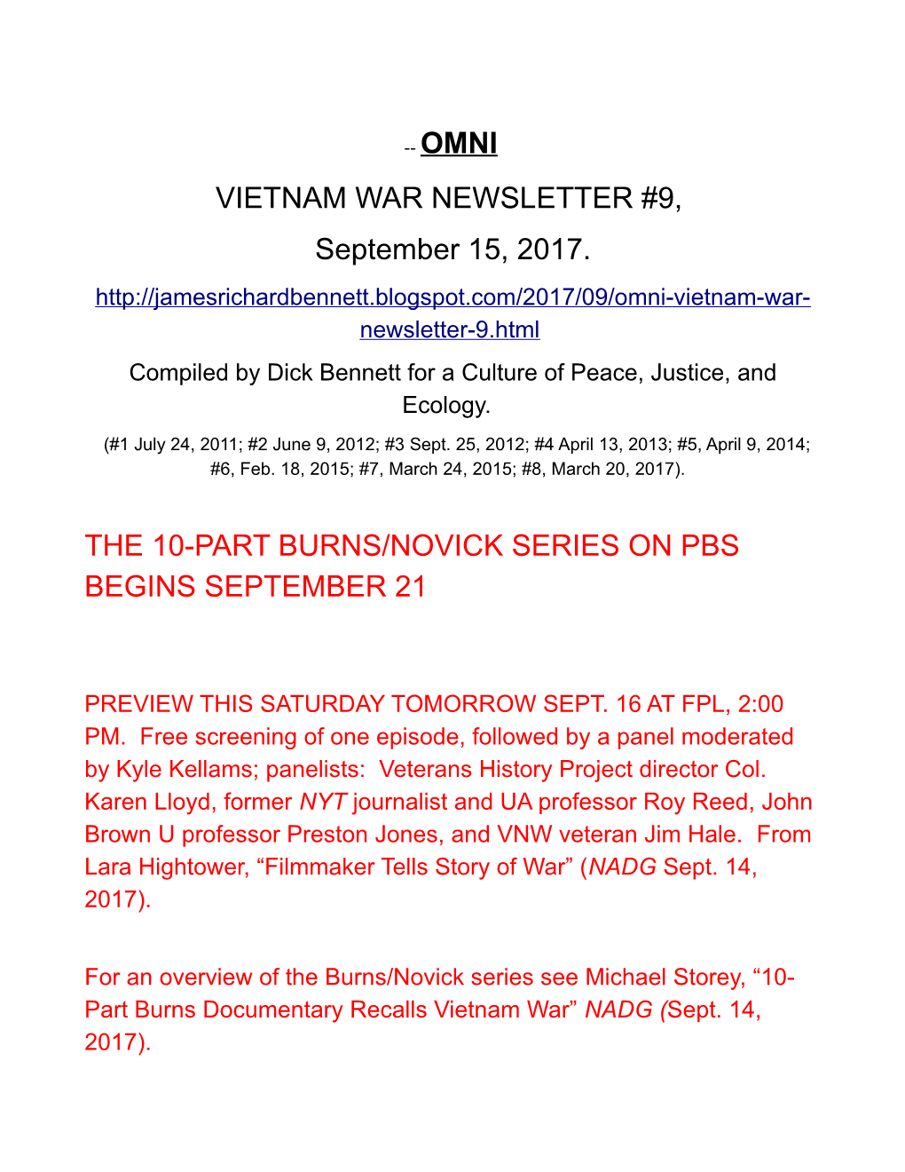 September 15, 2017, Vietnam War Newsletter #9