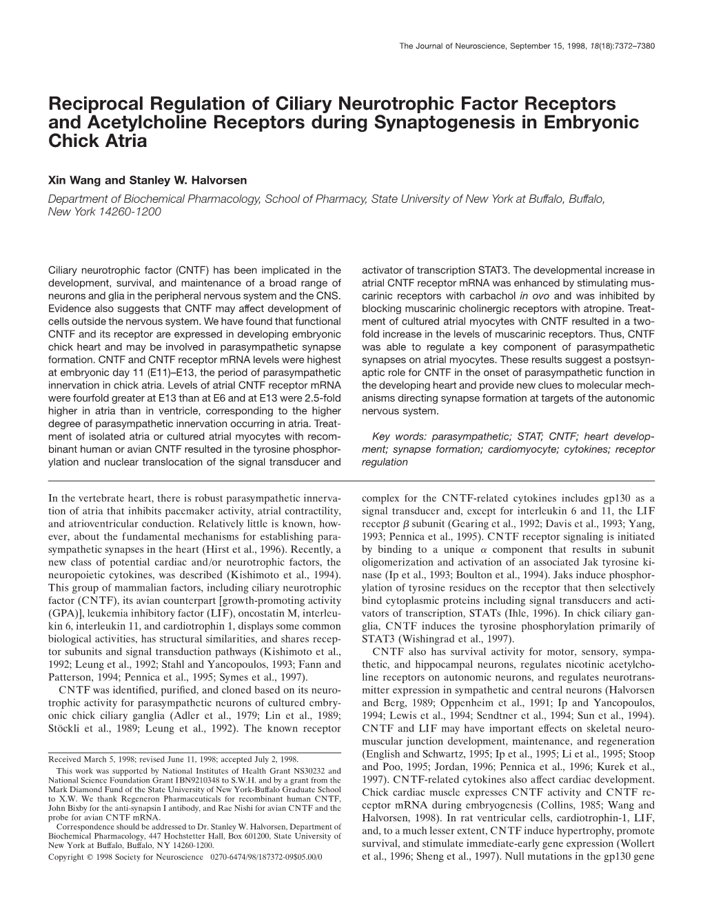 Reciprocal Regulation of Ciliary Neurotrophic Factor Receptors and Acetylcholine Receptors During Synaptogenesis in Embryonic Chick Atria