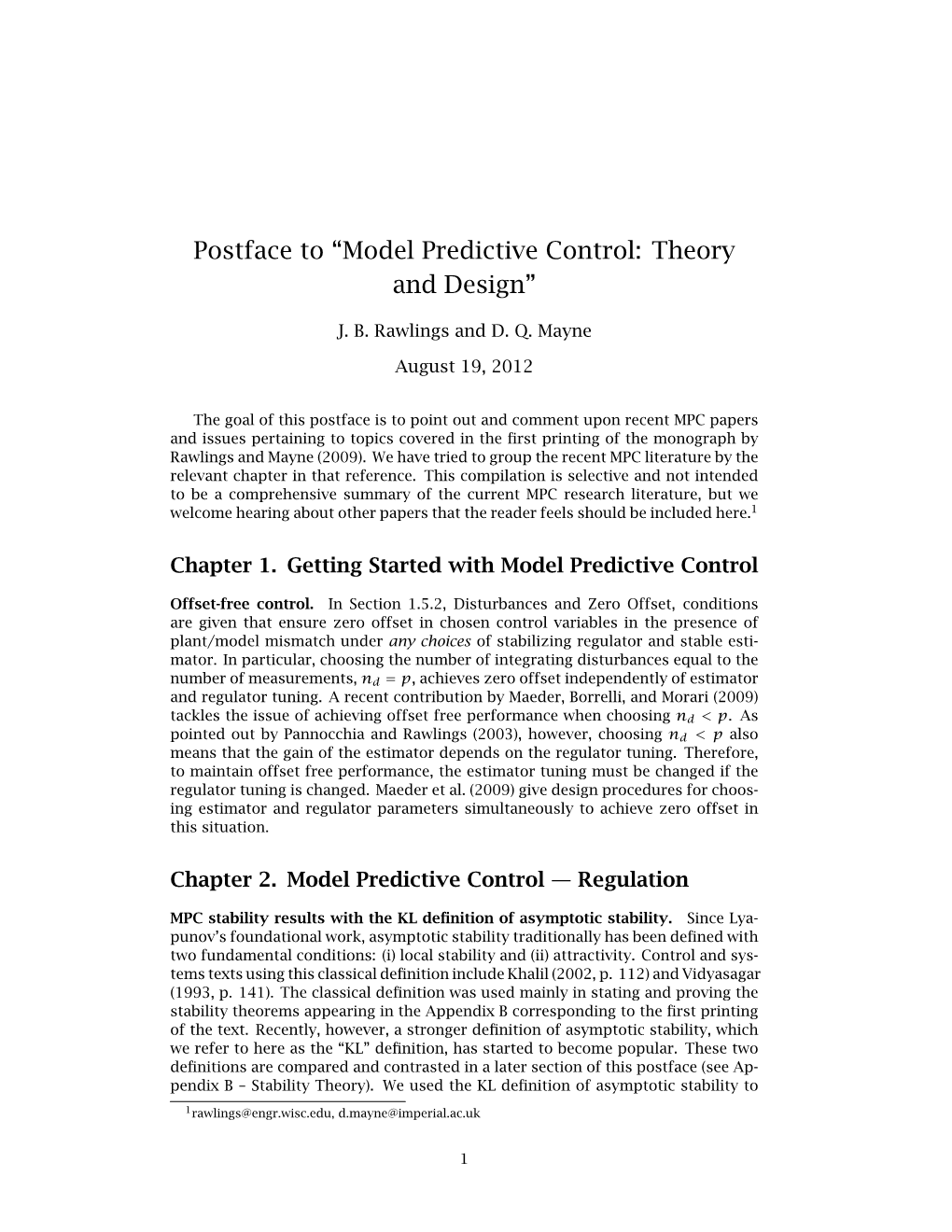 Postface to “Model Predictive Control: Theory and Design”