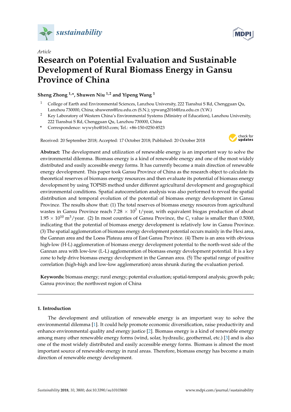 Research on Potential Evaluation and Sustainable Development of Rural Biomass Energy in Gansu Province of China