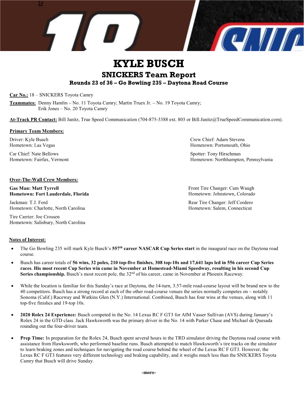 KYLE BUSCH SNICKERS Team Report Rounds 23 of 36 – Go Bowling 235 – Daytona Road Course