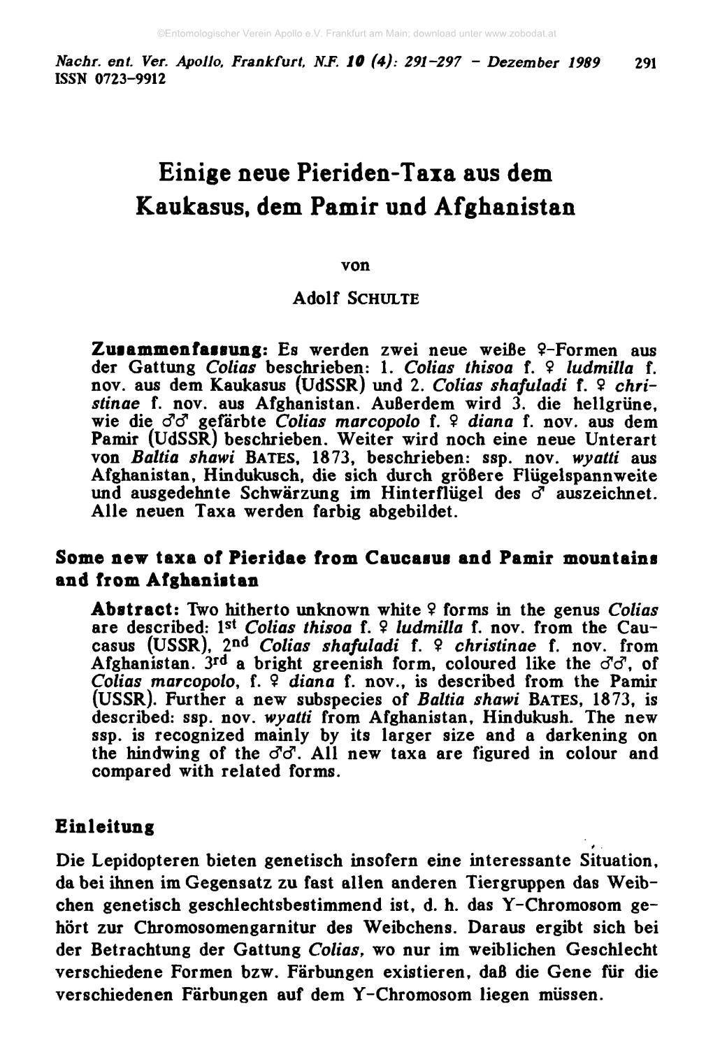 Einige Neue Pieriden-Taia Aus Dem Kaukasus, Dem Pamir Und Afghanistan