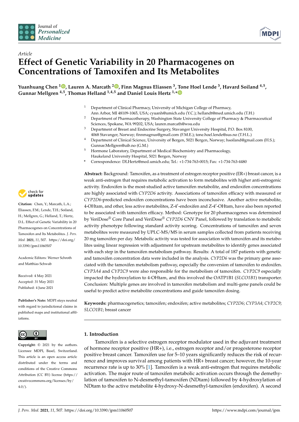 Effect of Genetic Variability in 20 Pharmacogenes on Concentrations of Tamoxifen and Its Metabolites